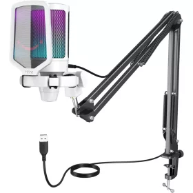   FIFINE MI3 USB MIKROFON – PODCAST/STREAM, PC/MAC/PS4/PS5, NÉMÍTÓ GOMB, KARRAL, POP FILTER, SHOCK MOUNT, FEHÉR
