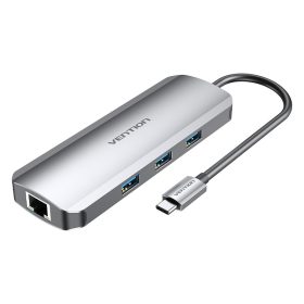   VENTION USB-C -> HDMI/USB3.0X3/RJ45/SD/TF/TRRS 3.5MM/PD (0,15M SZÜRKE ALUMINUM ÖTVÖZET), DOKKOLÓ