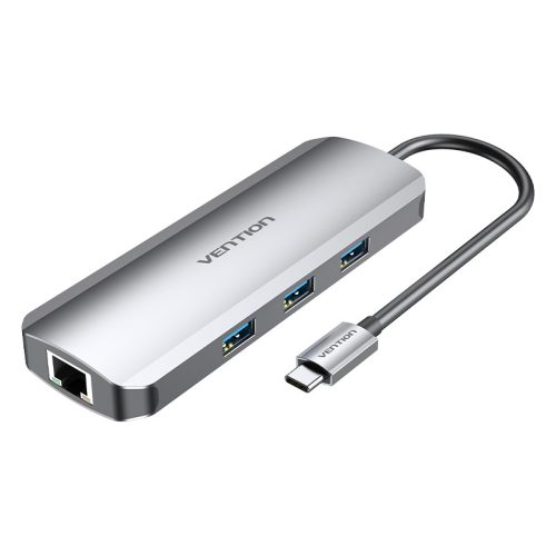 VENTION USB-C -> HDMI/USB3.0X3/RJ45/SD/TF/TRRS 3.5MM/PD (0,15M SZÜRKE ALUMINUM ÖTVÖZET), DOKKOLÓ