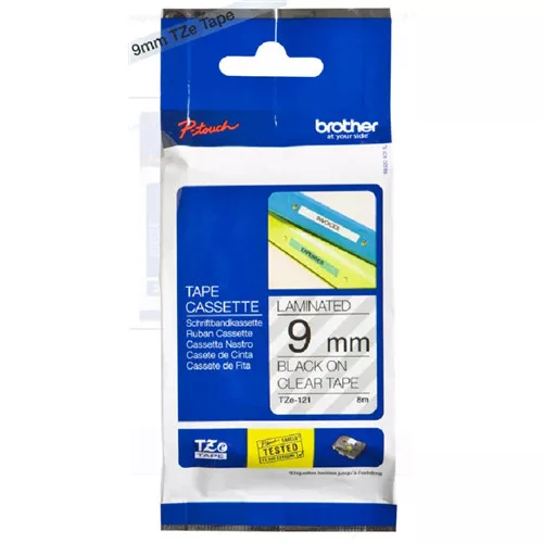 BROTHER TZe-121 ÁTLÁTSZÓ ALAPON FEKETE LAMINÁLT 9MM/8M EREDETI SZALAG (TZE121)