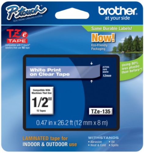 BROTHER Tze-135 ÁTLÁTSZÓ ALAPON FEHÉR LAMINÁLT 12MM/8M EREDETI SZALAG (TZE135)