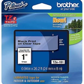   BROTHER TZE-151 ÁTLÁTSZÓ ALAPON FEKETE LAMINÁLT 24MM/8M EREDETI SZALAG (TZE151)